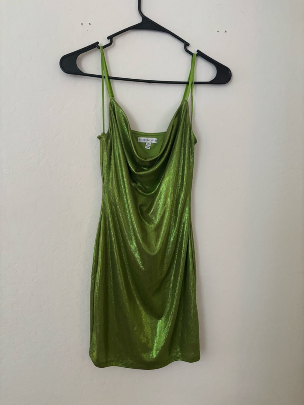 Sincerely Jules Metallic Green Mini Dress XS Cowl Neck